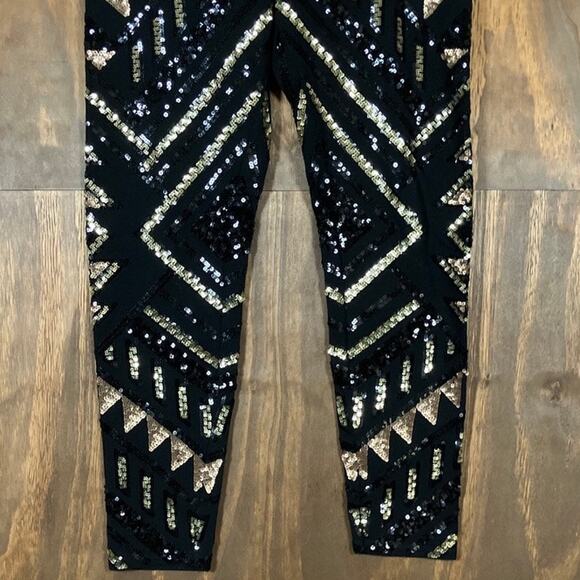 Express Womens Pants Black Gold Sequin High Rise Pull On Legging Stretch Small - Picture 3 of 12